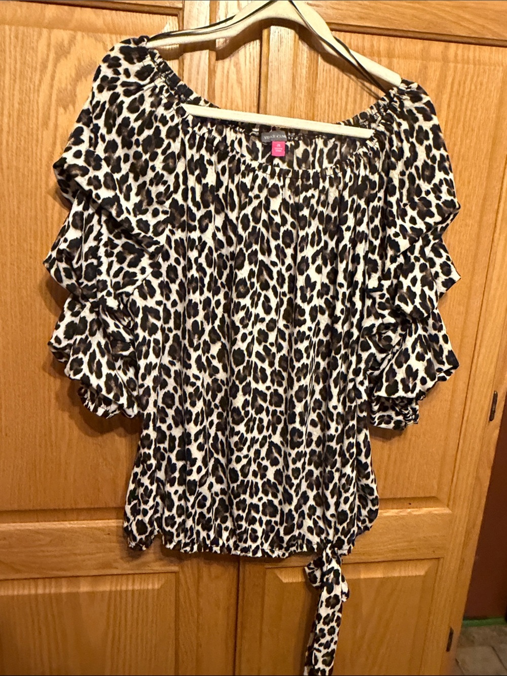 Vince Camuto Leopard Print Off-Shoulder Ruffle Tie-Hem Top - Black & Cream